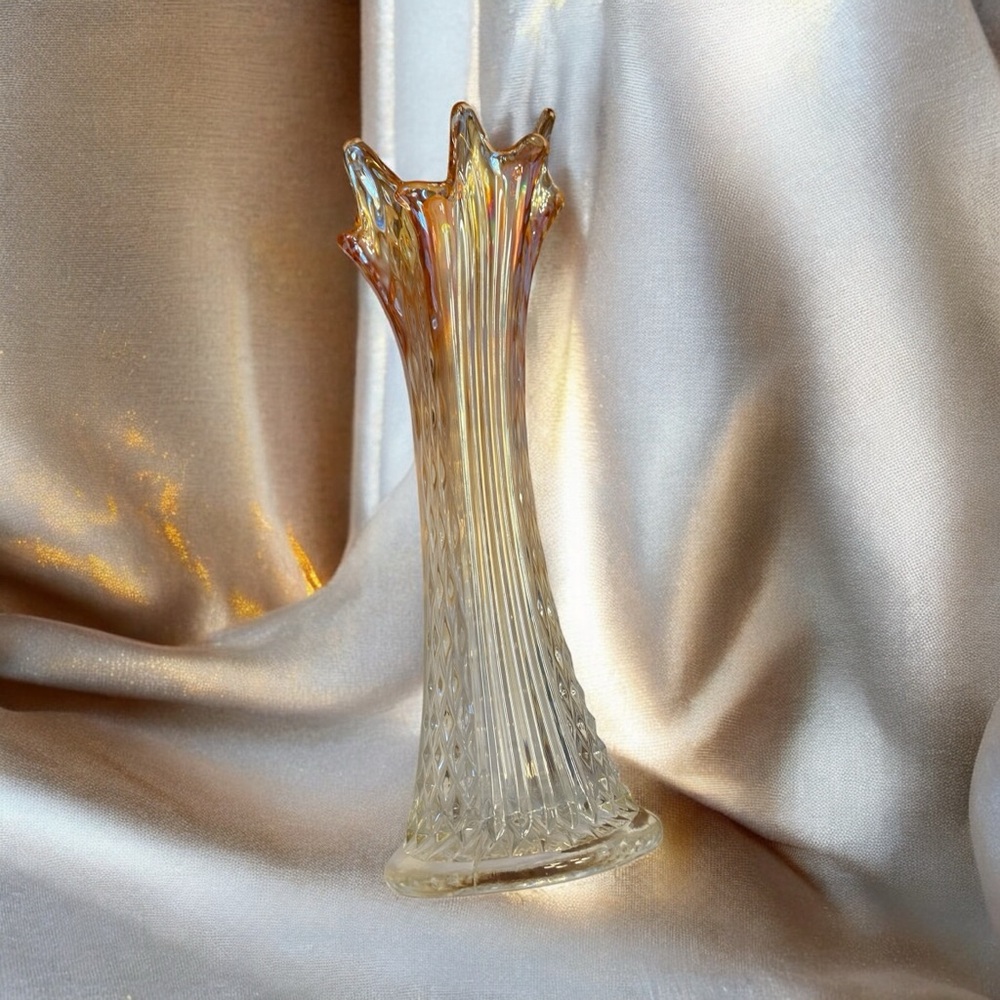 Vintage Fenton Marigold Carnival Glass Swung Vase Diamond Point Columns - Picture 5 of 12